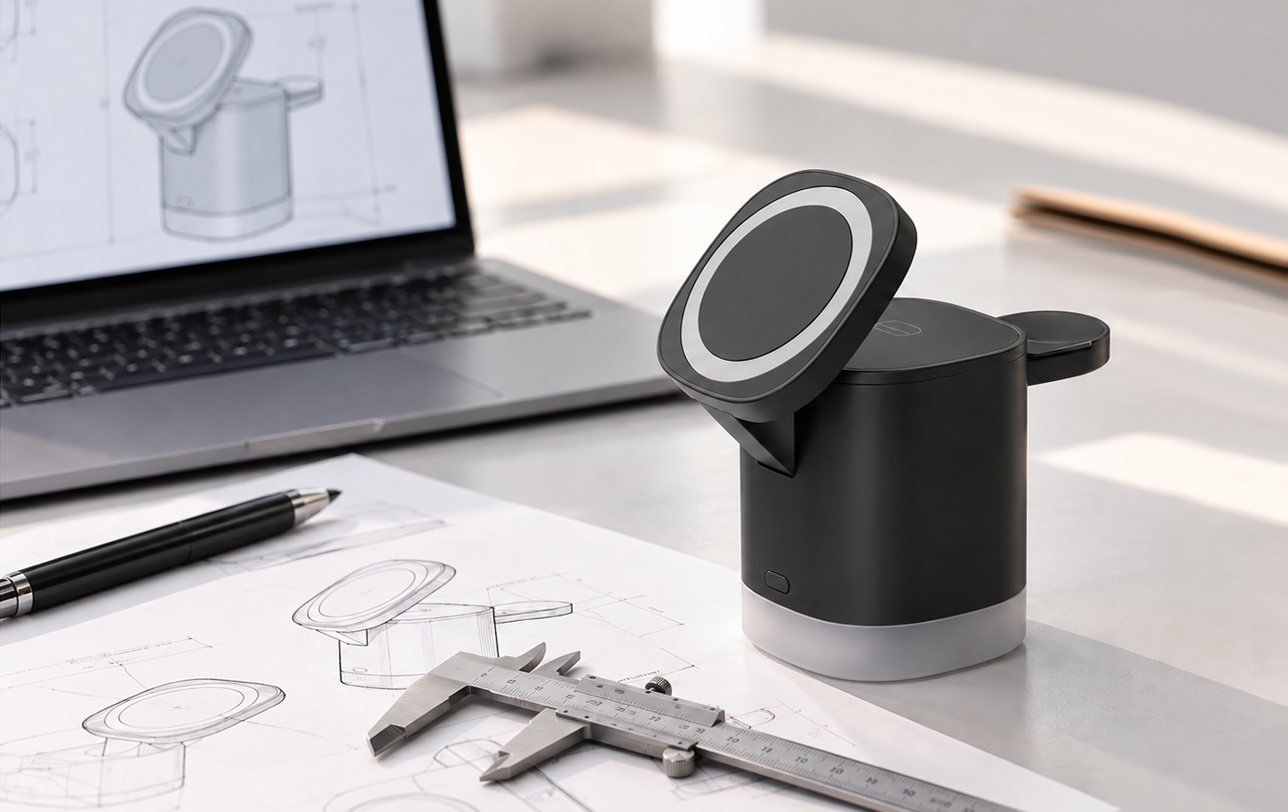 Wireless charger sample beside technical drawings, a laptop and a caliper during product development