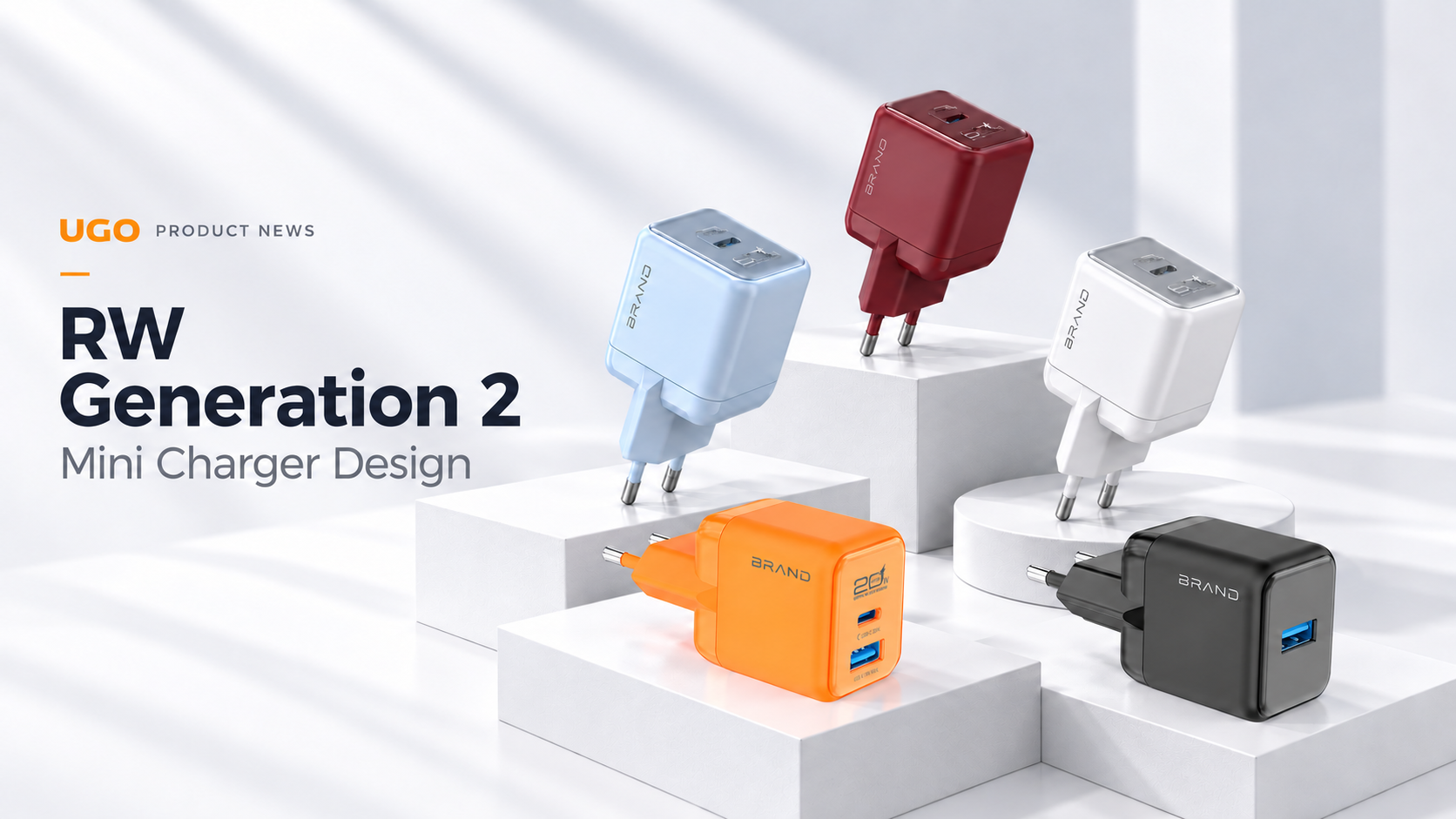 UGO RW Generation 2 cover featuring light blue, burgundy, white, orange and black mini wall chargers