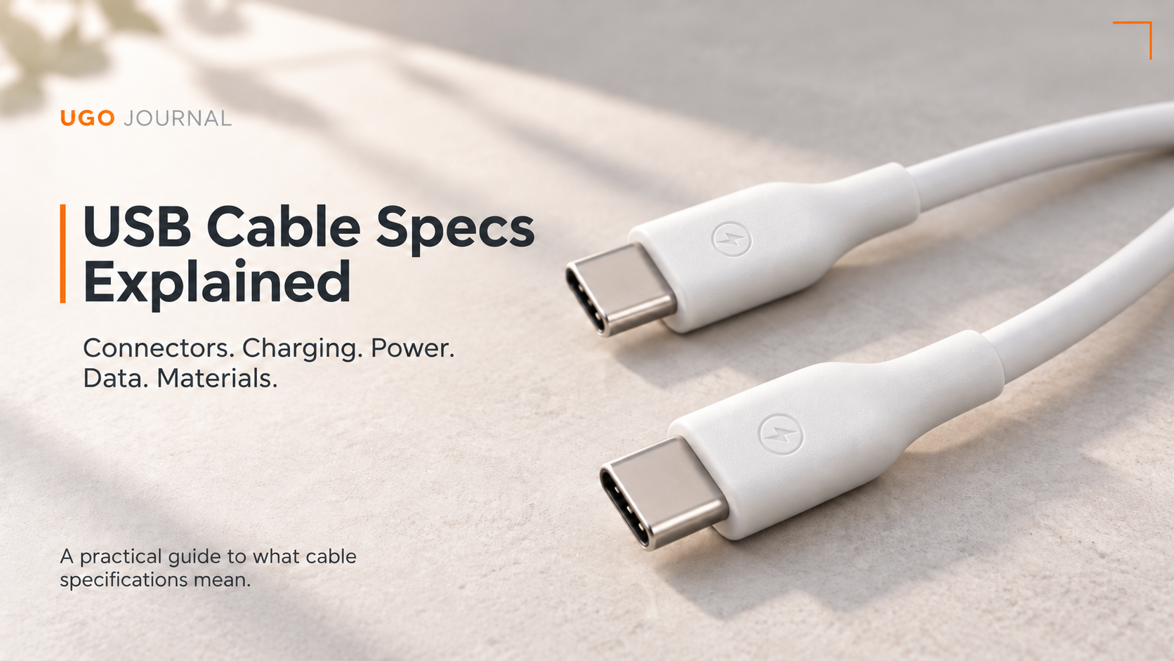USB cable specifications guide with white TPE USB-C connectors and molded lightning symbols