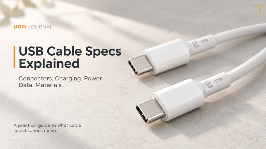 USB Cable Specs Explained — white USB-C cable connectors with an overview of connectors, charging, power, data and materials