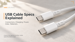 USB Cable Specs Explained — white USB-C cable connectors with an overview of connectors, charging, power, data and materials