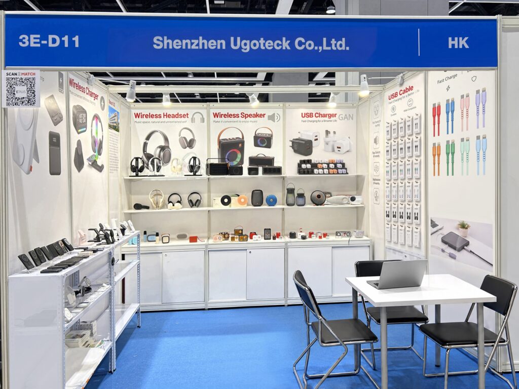UGOTECK booth 3E-D11 at the HKTDC Hong Kong Electronics Fair 2024, showcasing wireless chargers, wireless headsets, Bluetooth speakers, GaN USB chargers and USB cables