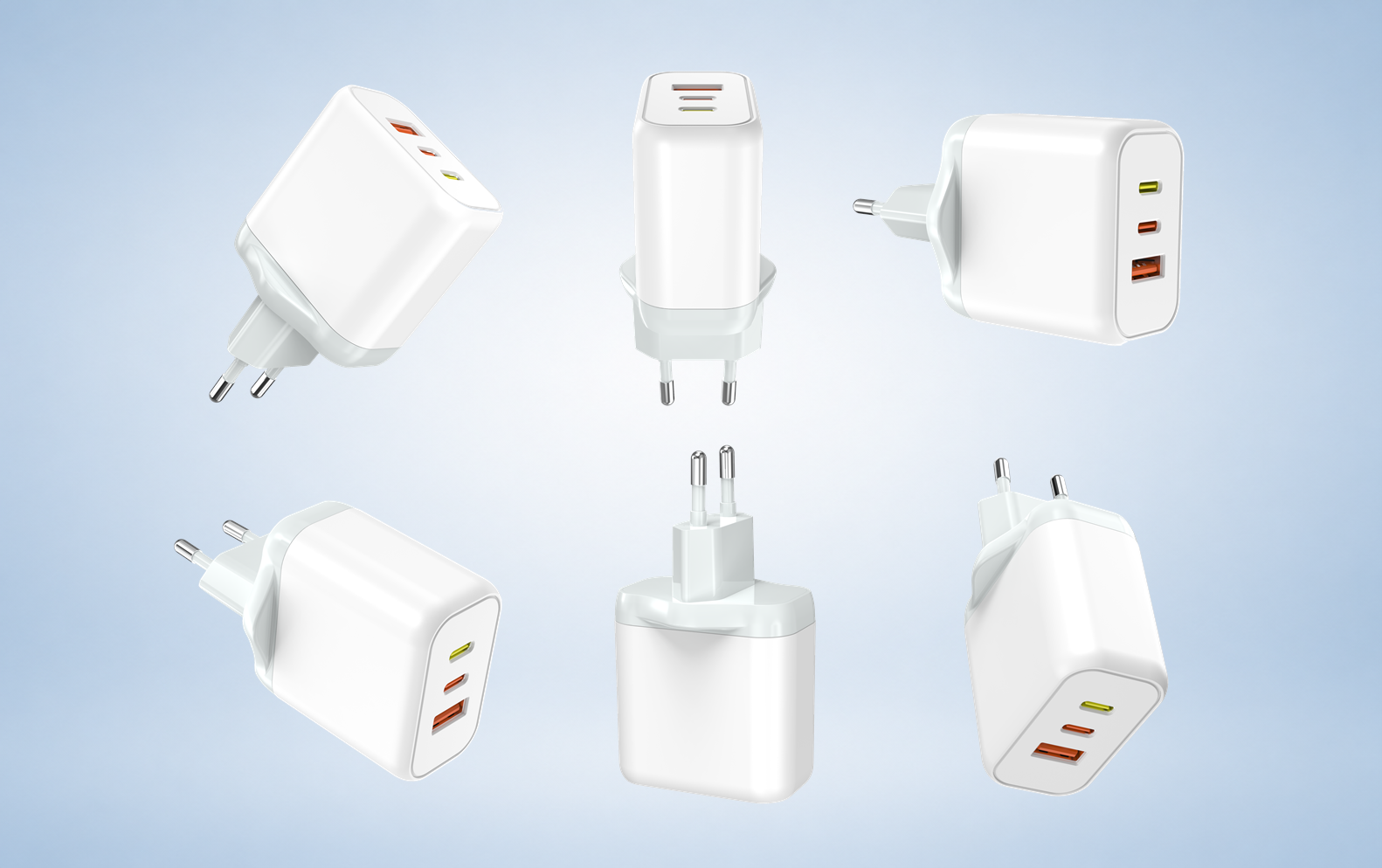 RY series three-port charger exterior shown from six angles